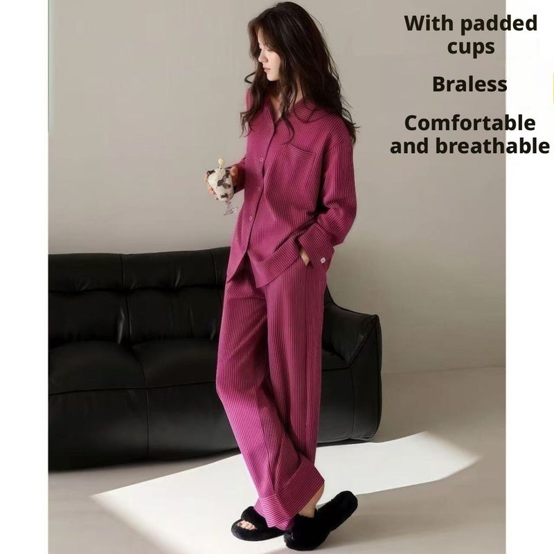 Women's Casual Sleepwear Set with Built-in Bra Pads, Turn-down Collar, Long Sleeve, Long Pants - Image 2