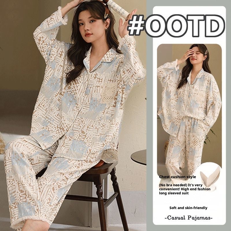 Women's Casual Sleepwear Set with Built-in Bra Pads, Turn-down Collar, Long Sleeve, Long Pants - Image 1