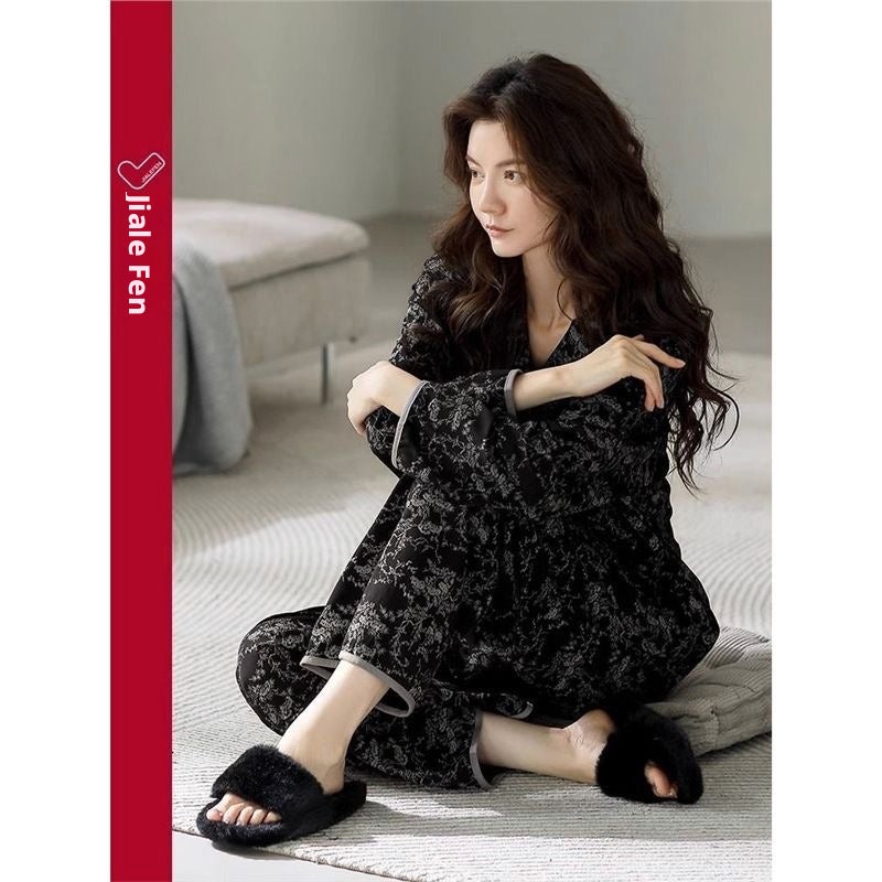 Women's Casual Sleepwear Set with Built-in Bra Pads, Turn-down Collar, Long Sleeve, Long Pants - Image 4