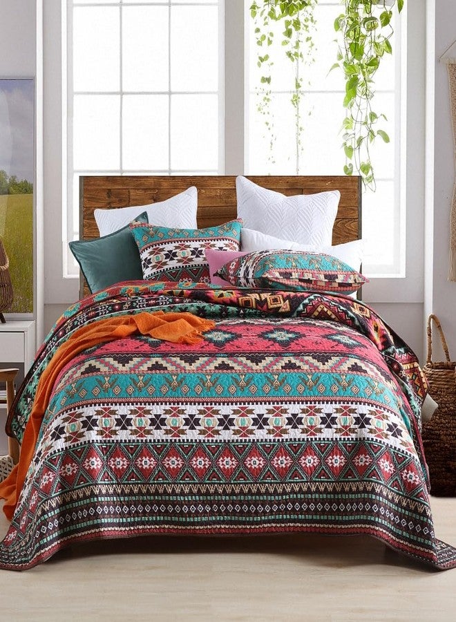 ENASAL Bedspread Quilt Sets Reversible Bedding Coverlet Sets Comforter Striped Red Brown Bohemian Bedspread,King Size - Image 1