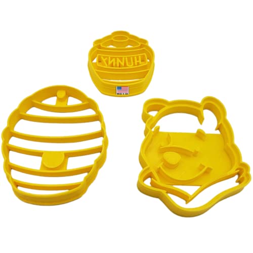 Heart's Treasure INSPIRED BY WINNIE THE POOH COOKIE CUTTERS Bear Character Adventure Winnie The Pooh Themed Head Face Honey (Hunny) Pot and Bee Hive Cookie Cutters (3 Pack) - Image 1