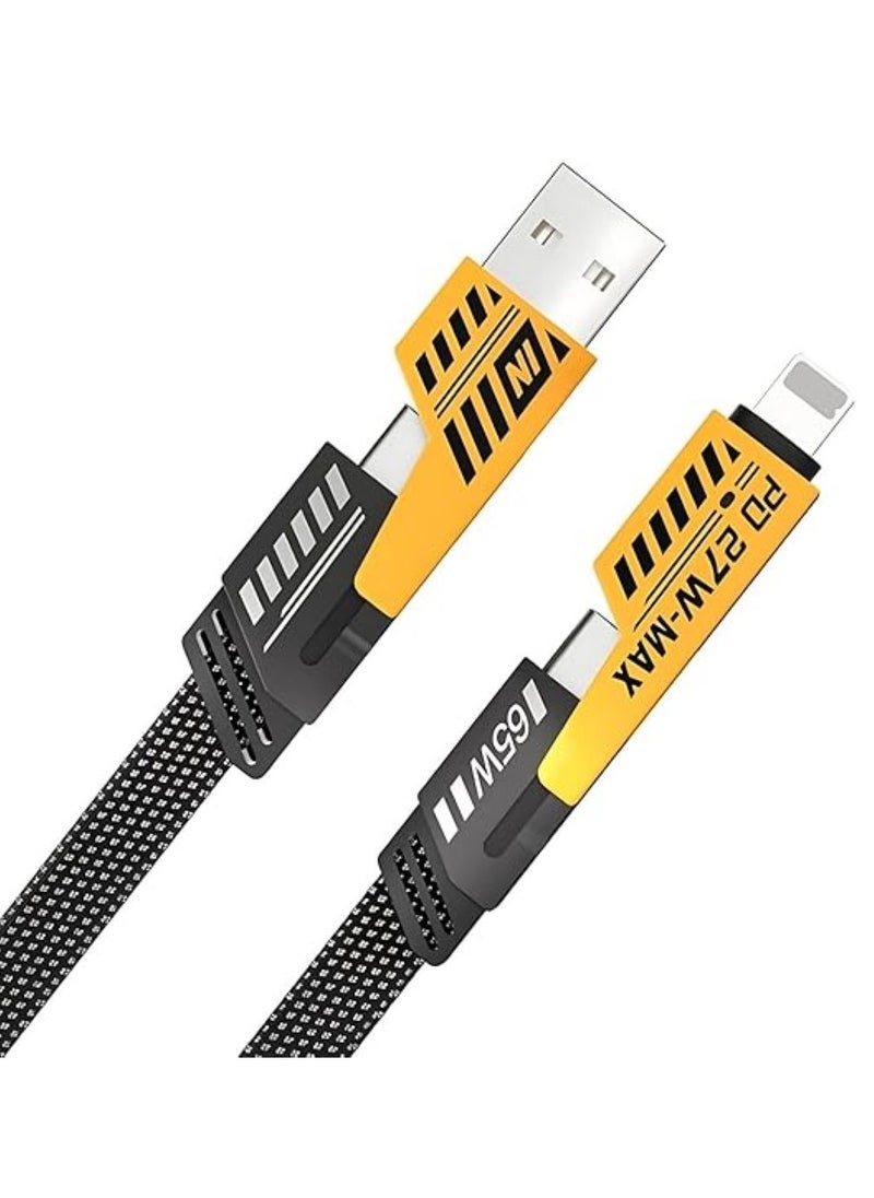 Generic - 4 in 1 USB C to USB C Fast Charging Cable (65W) with Built-in USB A and Lightning Connector (27W), Flat and Fast Charging Cable - Image 1