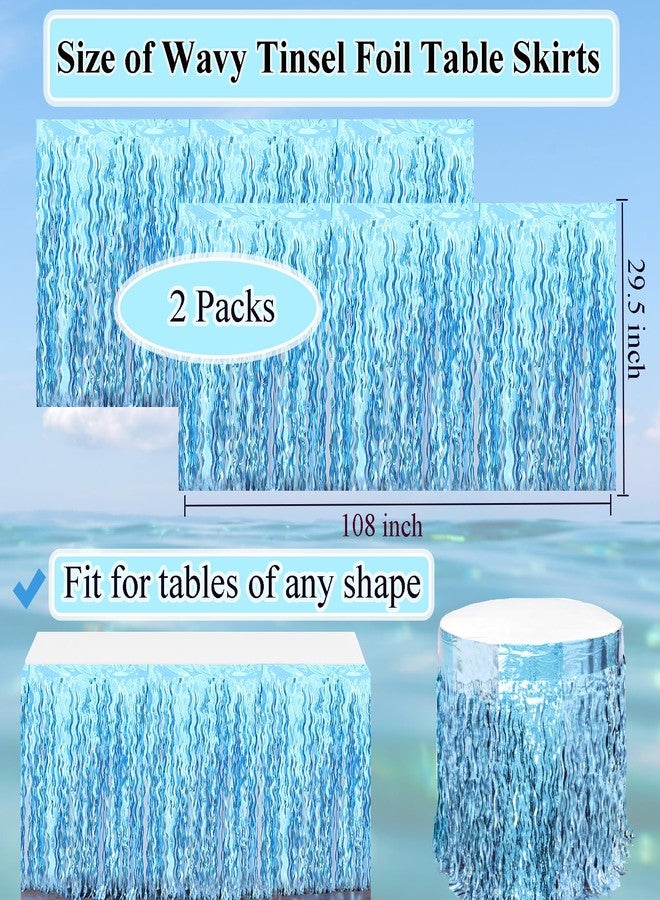 BUDICOOL 2 Pack Teal Blue Shiny Wavy Tinsel Foil Fringe Table Skirts Table Decorations for Mermaid Birthday Decorations,Under The Sea Party Decorations,Baby Shark Birthday Decorations - Image 3