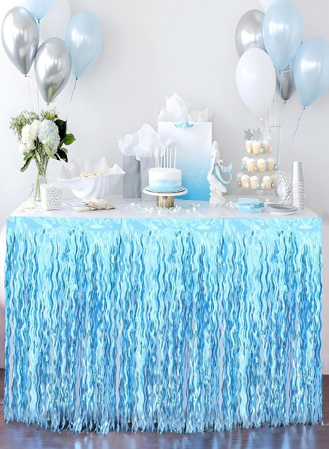 BUDICOOL 2 Pack Teal Blue Shiny Wavy Tinsel Foil Fringe Table Skirts Table Decorations for Mermaid Birthday Decorations,Under The Sea Party Decorations,Baby Shark Birthday Decorations - Image 1