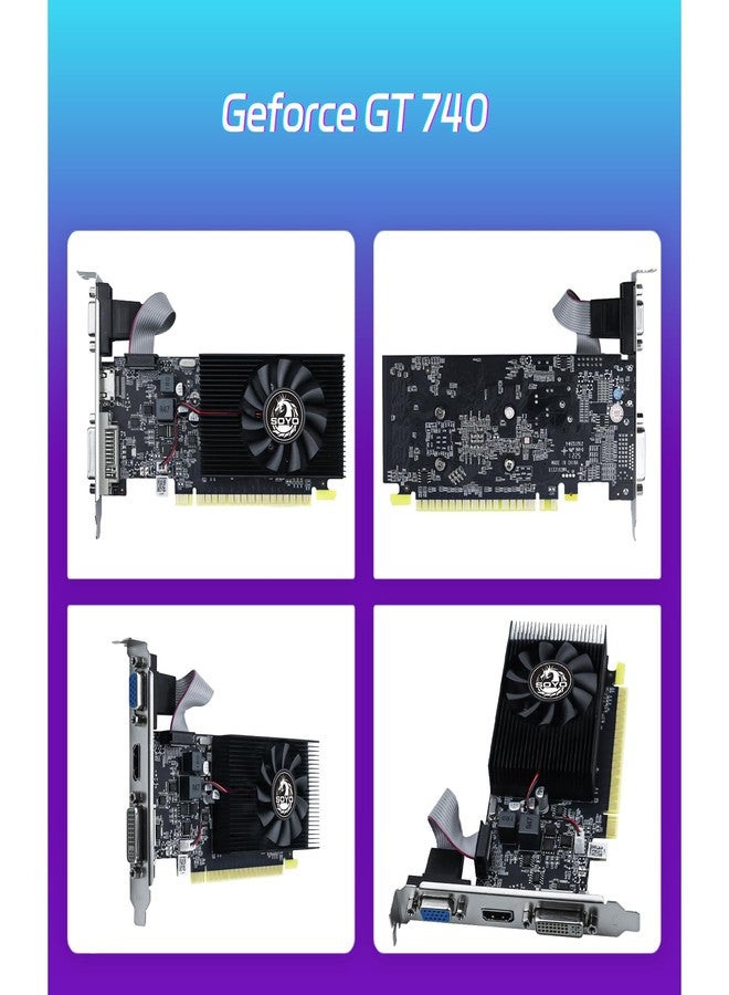 سويو  بطاقة رسومات SOYO Geforce GT 740 منخفضة الارتفاع، سعة 4 جيجابايت DDR3، 128 بت، مزودة بمنافذ HDMI 2.0/VGA/DVI، وواجهة PCI Express x16 3.0، ومروحة واحدة، ووحدة معالجة رسومات للحاسوب. - Image 2