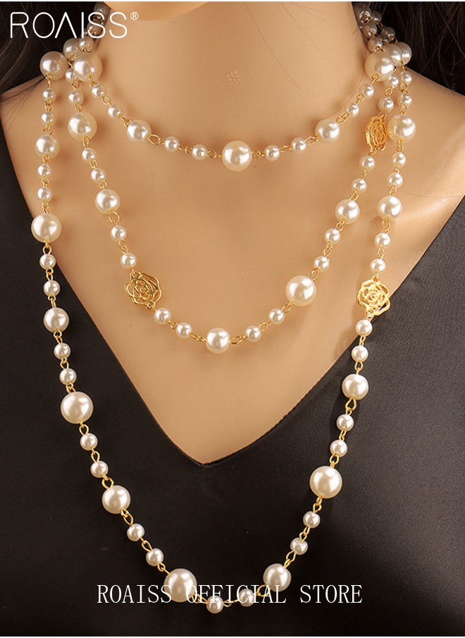 roaiss High Quality Dainty Pearl Hollow Out Flower Women Sweater Chain Necklace Long Chain Necklaces Gift for Ladies Girls  - Image 1