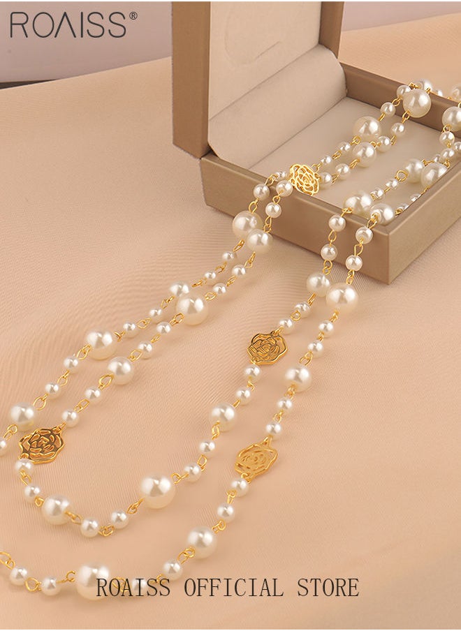 roaiss High Quality Dainty Pearl Hollow Out Flower Women Sweater Chain Necklace Long Chain Necklaces Gift for Ladies Girls  - Image 2