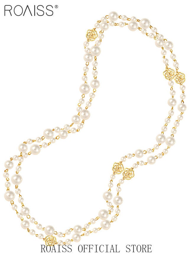 roaiss High Quality Dainty Pearl Hollow Out Flower Women Sweater Chain Necklace Long Chain Necklaces Gift for Ladies Girls  - Image 3