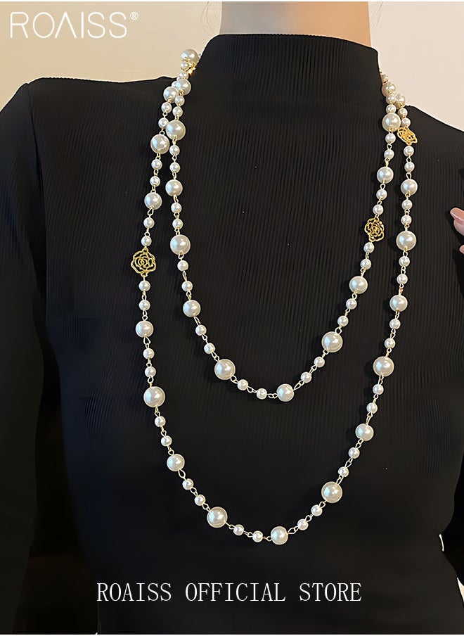 roaiss High Quality Dainty Pearl Hollow Out Flower Women Sweater Chain Necklace Long Chain Necklaces Gift for Ladies Girls  - Image 4