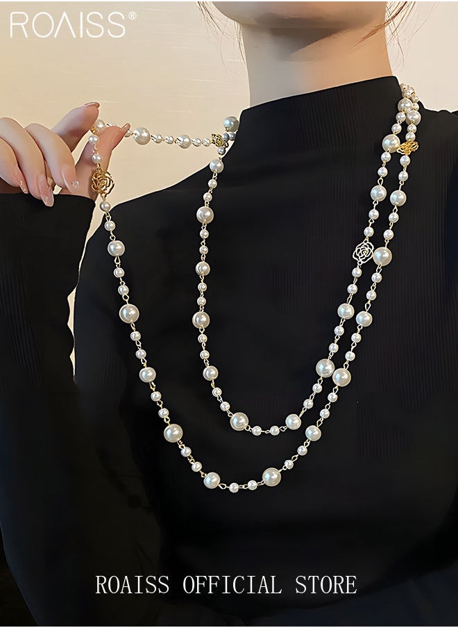 roaiss High Quality Dainty Pearl Hollow Out Flower Women Sweater Chain Necklace Long Chain Necklaces Gift for Ladies Girls  - Image 5