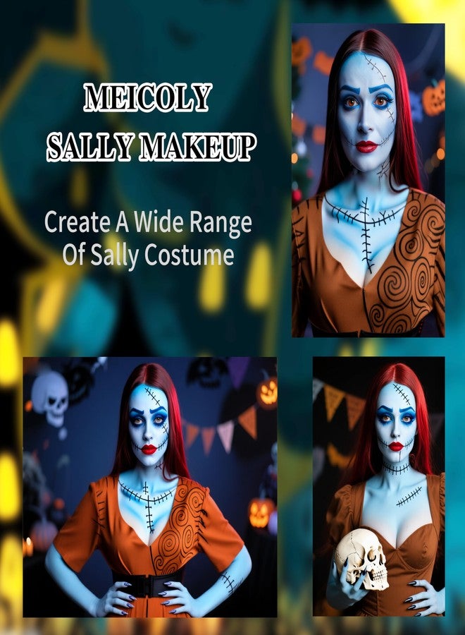 MEICOLY Sally Makeup Kit,Complete Sally Costume Face Cosplay Corpse Bride Makeup Set for Halloween SFX Stage Theater,Blue Face Body Paint,Setting Powder,Blue Eyeshadow,Sally Costume Women - Image 3