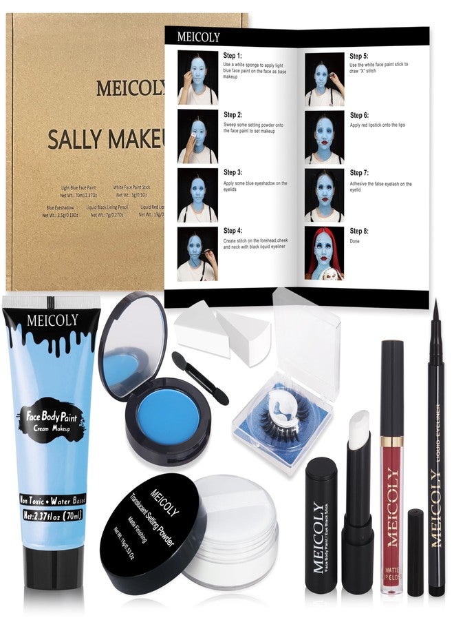 MEICOLY Sally Makeup Kit,Complete Sally Costume Face Cosplay Corpse Bride Makeup Set for Halloween SFX Stage Theater,Blue Face Body Paint,Setting Powder,Blue Eyeshadow,Sally Costume Women - Image 1
