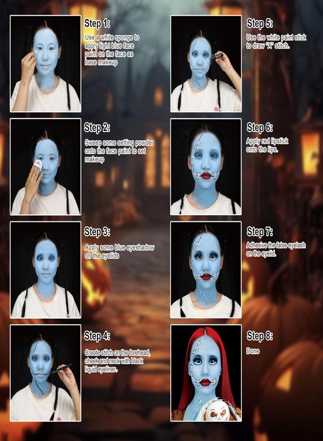MEICOLY Sally Makeup Kit,Complete Sally Costume Face Cosplay Corpse Bride Makeup Set for Halloween SFX Stage Theater,Blue Face Body Paint,Setting Powder,Blue Eyeshadow,Sally Costume Women - Image 5
