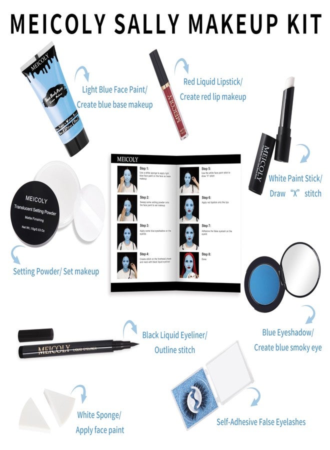 MEICOLY Sally Makeup Kit,Complete Sally Costume Face Cosplay Corpse Bride Makeup Set for Halloween SFX Stage Theater,Blue Face Body Paint,Setting Powder,Blue Eyeshadow,Sally Costume Women - Image 2