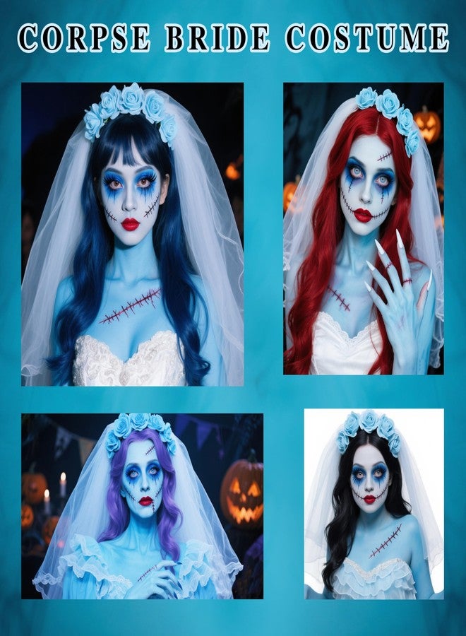MEICOLY Sally Makeup Kit,Complete Sally Costume Face Cosplay Corpse Bride Makeup Set for Halloween SFX Stage Theater,Blue Face Body Paint,Setting Powder,Blue Eyeshadow,Sally Costume Women - Image 4