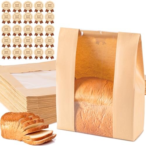 Hoewina Paper Bread Bags 25PCS Sourdough Bread Bags for Homemade Bread Large Bakery Bags with Window Includes 25PCS Label Seal Stickers for Homemade Bread Storage137x83x35 inch