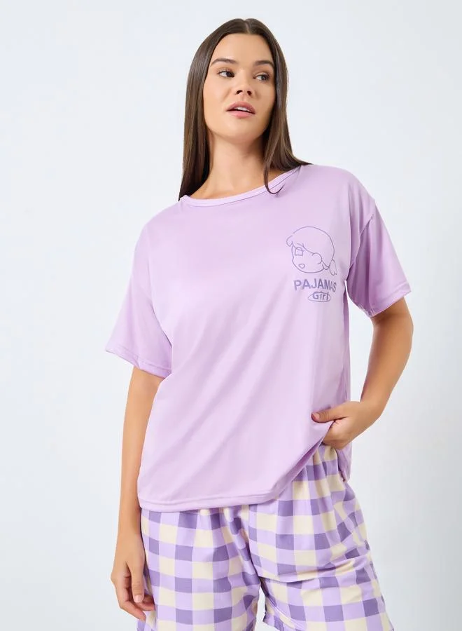 Styli Styli Graphic Printed T-Shirt and Plaid Shorts Set