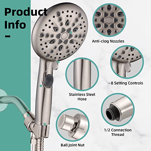 Cobbe Shower Head, 9 Functions High Pressure shower head with handheld, Built-in Pause Mode & Power Wash, Non-Clogging Nozzles High Flow Showerhead, Leakproof Hose&Metal Bracket, Brushed Nickel - Image 5