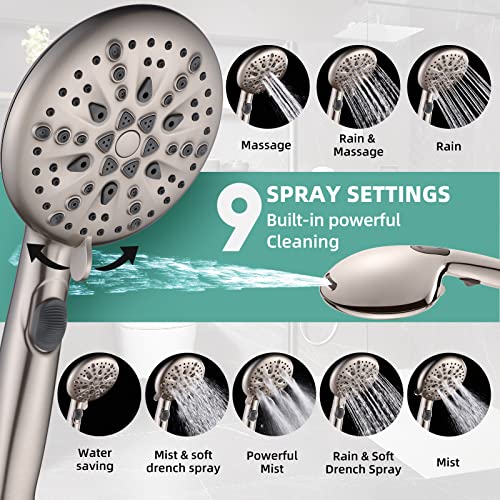 Cobbe Shower Head, 9 Functions High Pressure shower head with handheld, Built-in Pause Mode & Power Wash, Non-Clogging Nozzles High Flow Showerhead, Leakproof Hose&Metal Bracket, Brushed Nickel - Image 2