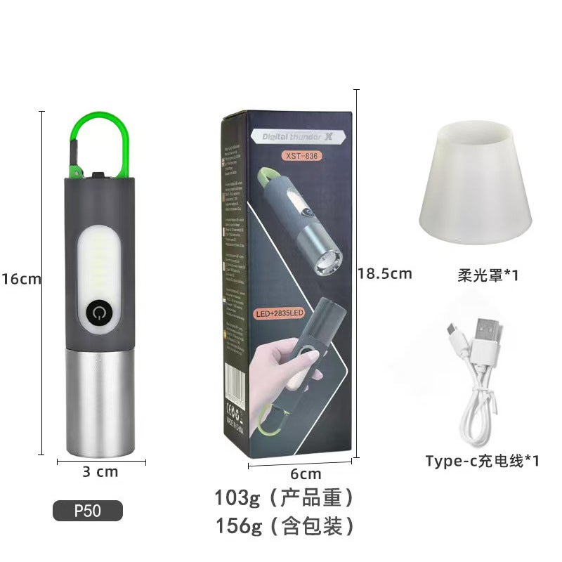 Cross-border new multi-functional camping flashlight with COB side light outdoor long endurance white laser zoom long-range flashlight 836 [P50 soft mask data line color box]]