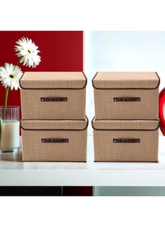 Kuber Industries Kuber Industries Pack of 4 Drawer Organizer (Small) Foldable Clothes Storage Box | Clothes Organiser for Wardrobe | Lid & Handle | Jute Fabric | Cloth Organizer | Cupboard Organizer | Brown  - Image 1
