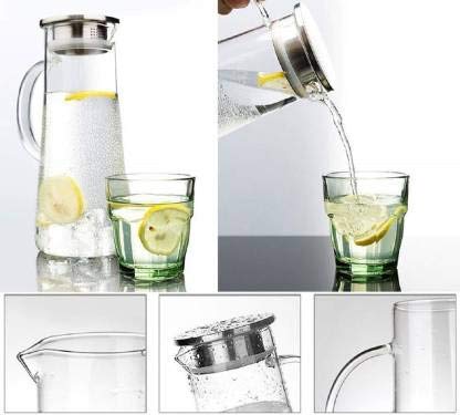 shreenath craft 1300 ml Glass Iced Tea Pitcher with Stainless Steel Strainer Lid HotCold Water Jug Juice Beverage Carafe - Image 2