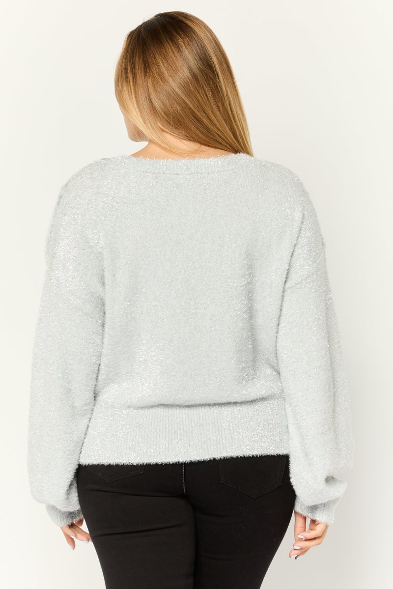 ESPRIT Women Boat Neck Long Sleeves Metallic Sweaters, Light Grey - Image 3