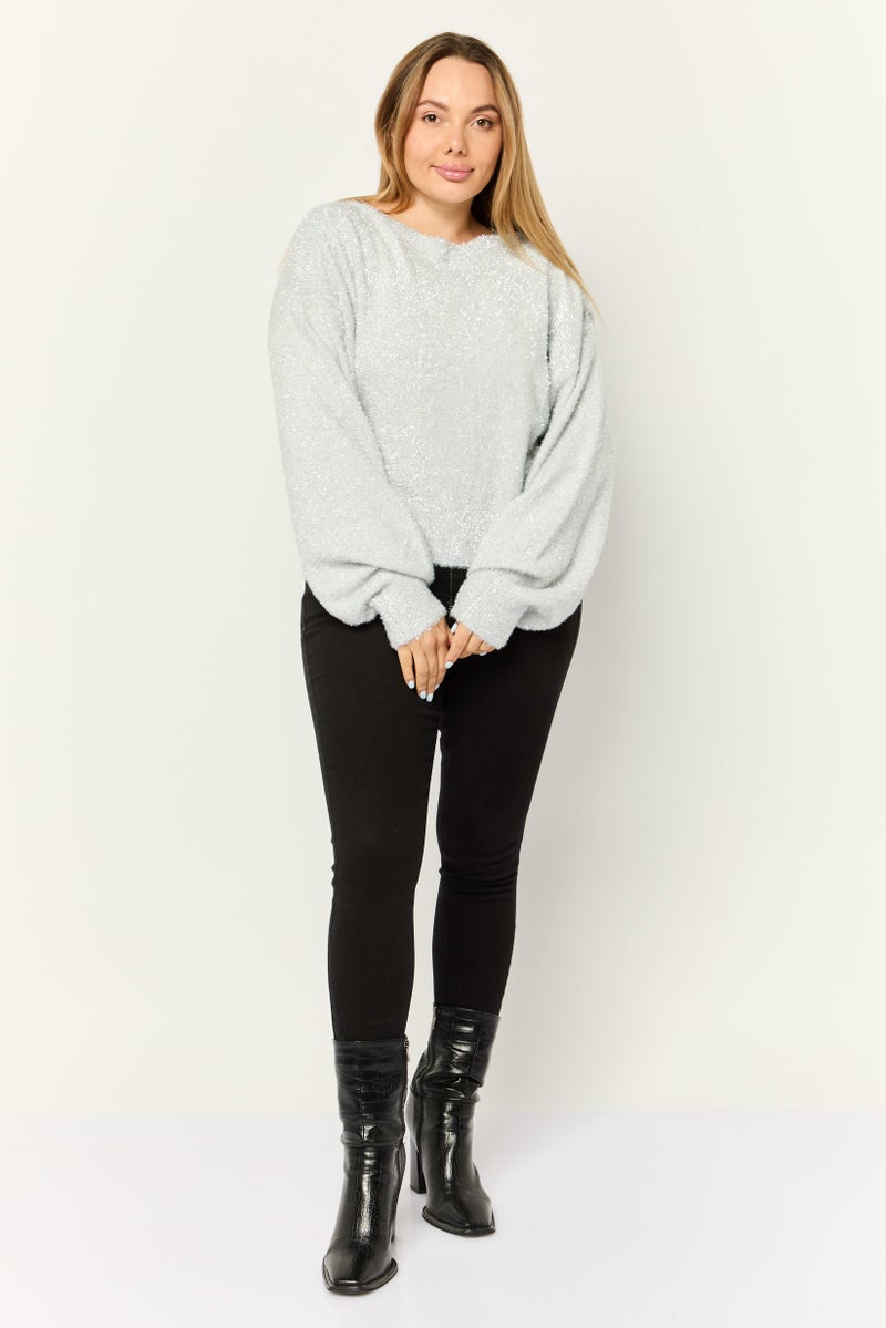 ESPRIT Women Boat Neck Long Sleeves Metallic Sweaters, Light Grey - Image 4