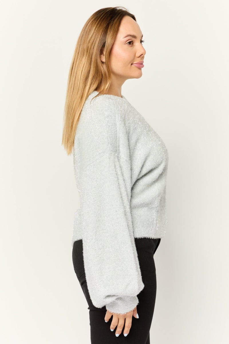 ESPRIT Women Boat Neck Long Sleeves Metallic Sweaters, Light Grey - Image 2