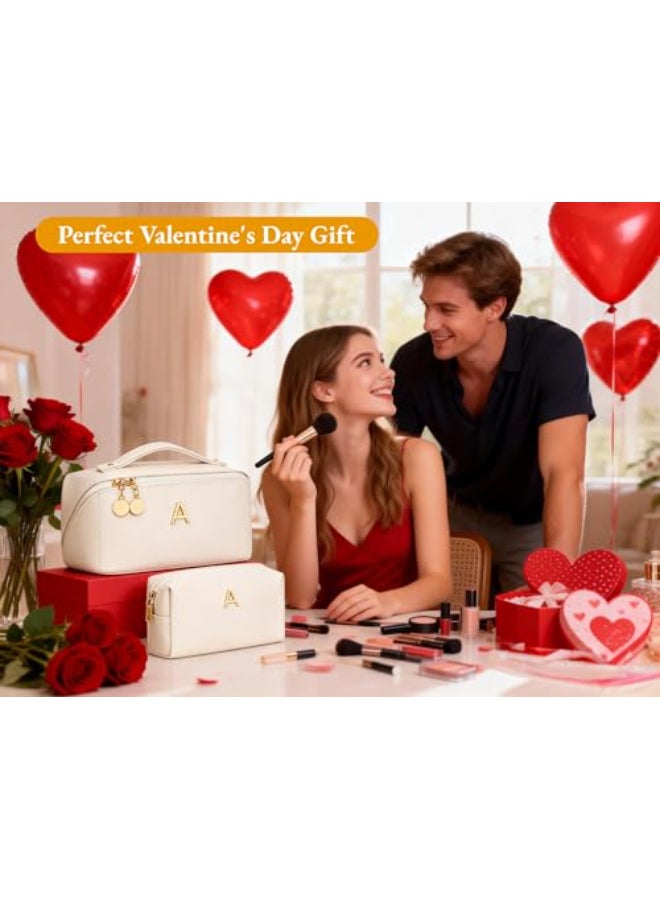 CLOUDWINGS Valentines Day Gifts for Women Teen Girl Personalized Initial Makeup Organizer Bag Set Open Flat Travel Cosmetic Bag With Clear Divider and HandleBeigeM - Image 3