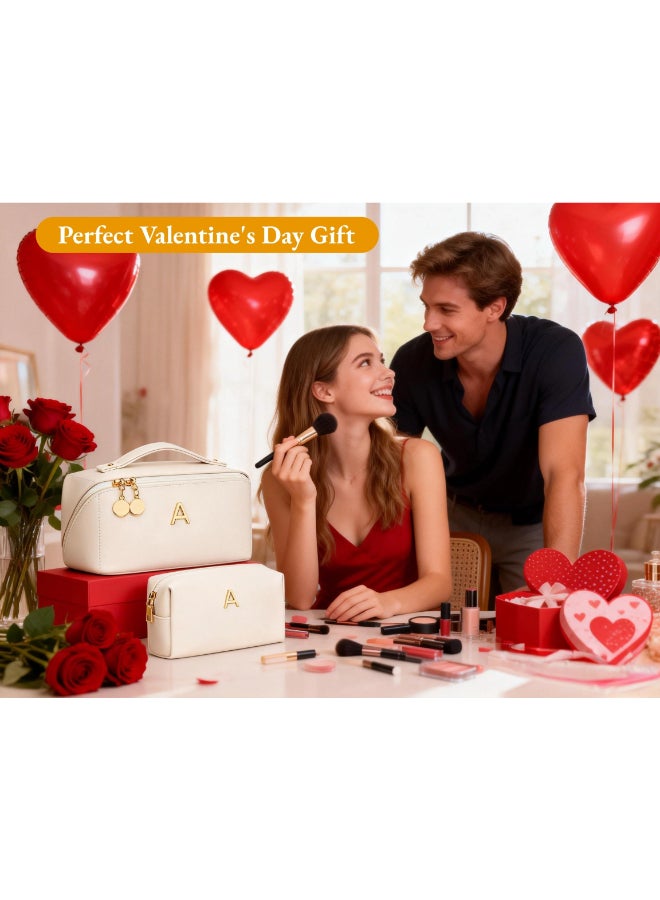 CLOUDWINGS Valentines Day Gifts for Women Teen Girl Personalized Initial Makeup Organizer Bag Set Open Flat Travel Cosmetic Bag With Clear Divider and HandleBeigeM - Image 4