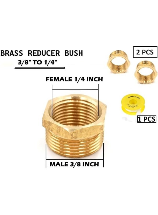 Biella Pack Of 2 Brass Reducer Bsp Male Thread To Female Thread Reducing Bush Hex Reducer Bushing Hose Pipe Fitting Connector Adapter And Teflon Tape (3/8 Inch To 1/4 Inch) - Image 2