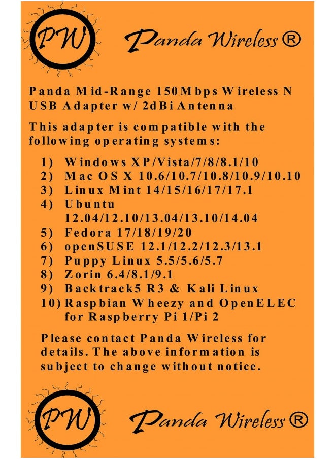 Panda Wireless® Mid Range 150Mbps Wireless N Usb Adapter W/ 2Dbi Antenna - Win Xp/Vista/7/8/10/11, Mint, Ubuntu, Mx Linux, Manjaro, Fedora, Centos, Kali Linux And Raspbian