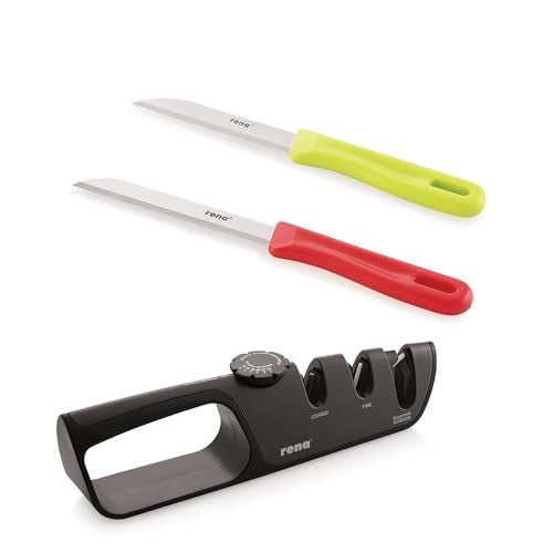 rena germany Rena Knife & Sharpener Combo, 90 mm and 110 mm Plain Knives with Adjustable Angle Knife Sharpener, Professional Stainless Steel Blades for Precision Cutting - Image 1
