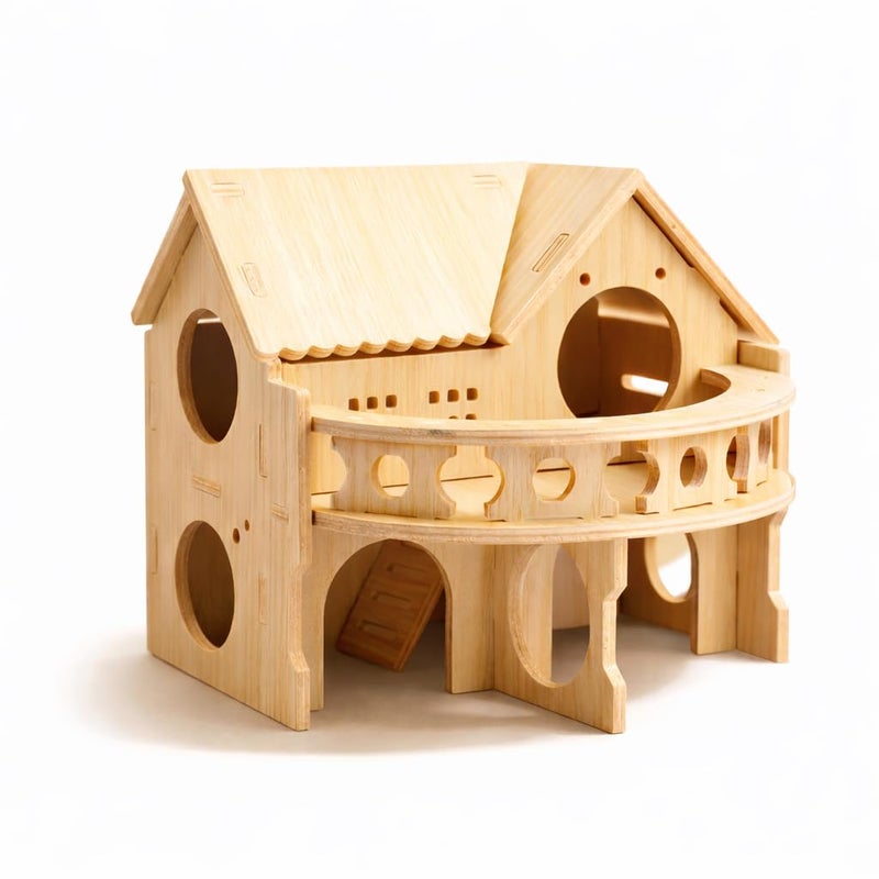 kcrygogo Improved Safety Large Balcony Small & Cute Wooden Hamster House with Large Balcony â€“ Double-Decker Forest-Style Hut for Dwarf Hamsters, Mice, Gerbils, Rats & Small Pets (Compact Size Only) - Image 1
