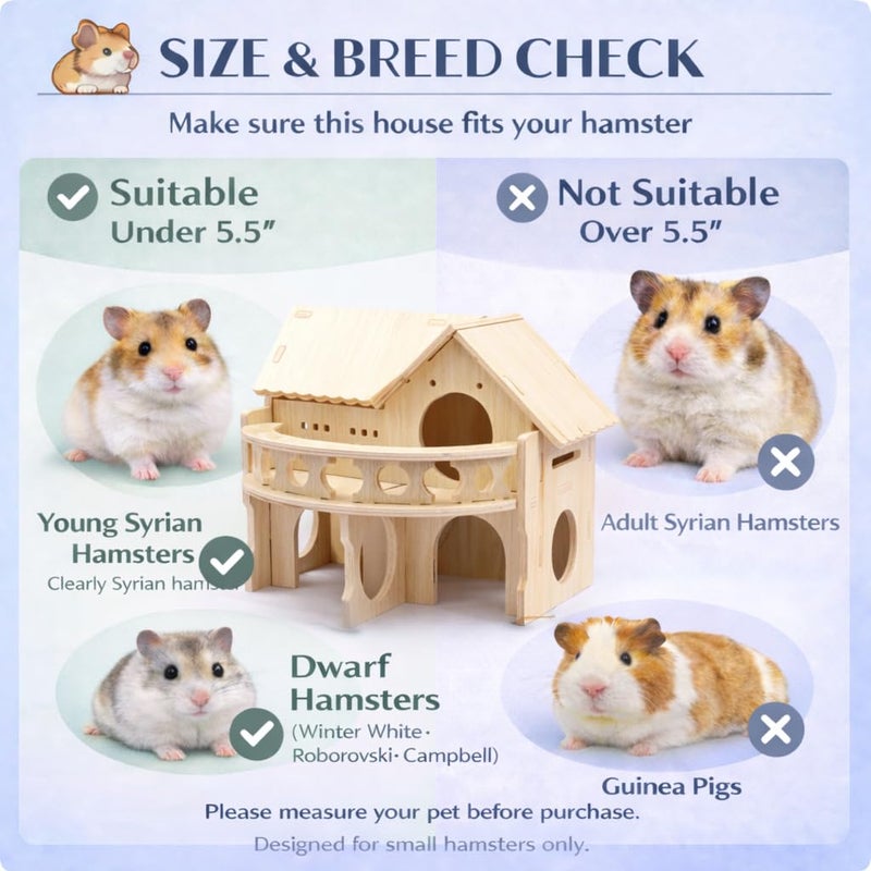 kcrygogo Improved Safety Large Balcony Small & Cute Wooden Hamster House with Large Balcony â€“ Double-Decker Forest-Style Hut for Dwarf Hamsters, Mice, Gerbils, Rats & Small Pets (Compact Size Only) - Image 5