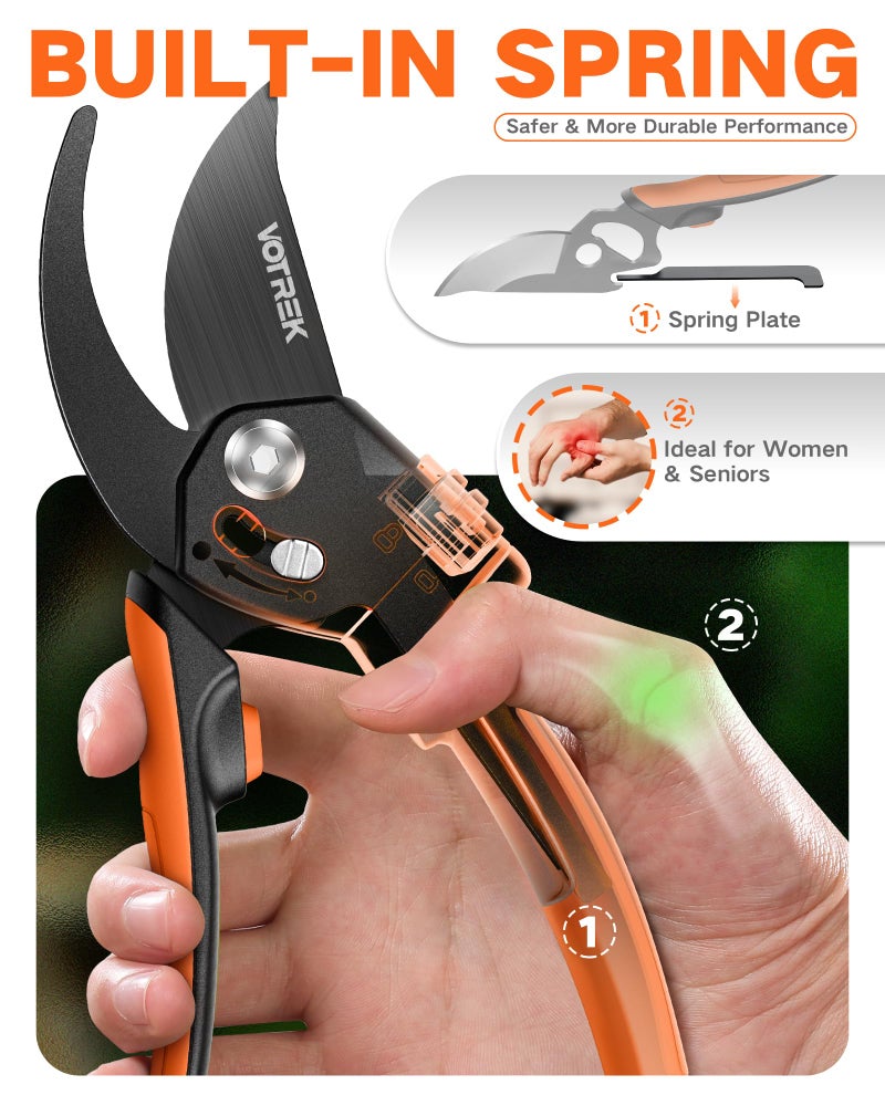 VOTREK 8.5" Pruning Shears for Gardening, 【Unique Stepless Handle Opening】Professional Bypass Garden Clipper, Heavy Duty Plant Pruners for Branch 【SK5 Steel Blades】【All Hand Sizes】,Bright Orange - Image 5