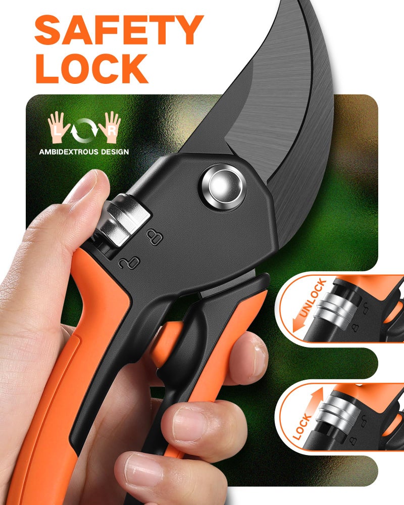 VOTREK 8.5" Pruning Shears for Gardening, 【Unique Stepless Handle Opening】Professional Bypass Garden Clipper, Heavy Duty Plant Pruners for Branch 【SK5 Steel Blades】【All Hand Sizes】,Bright Orange - Image 4