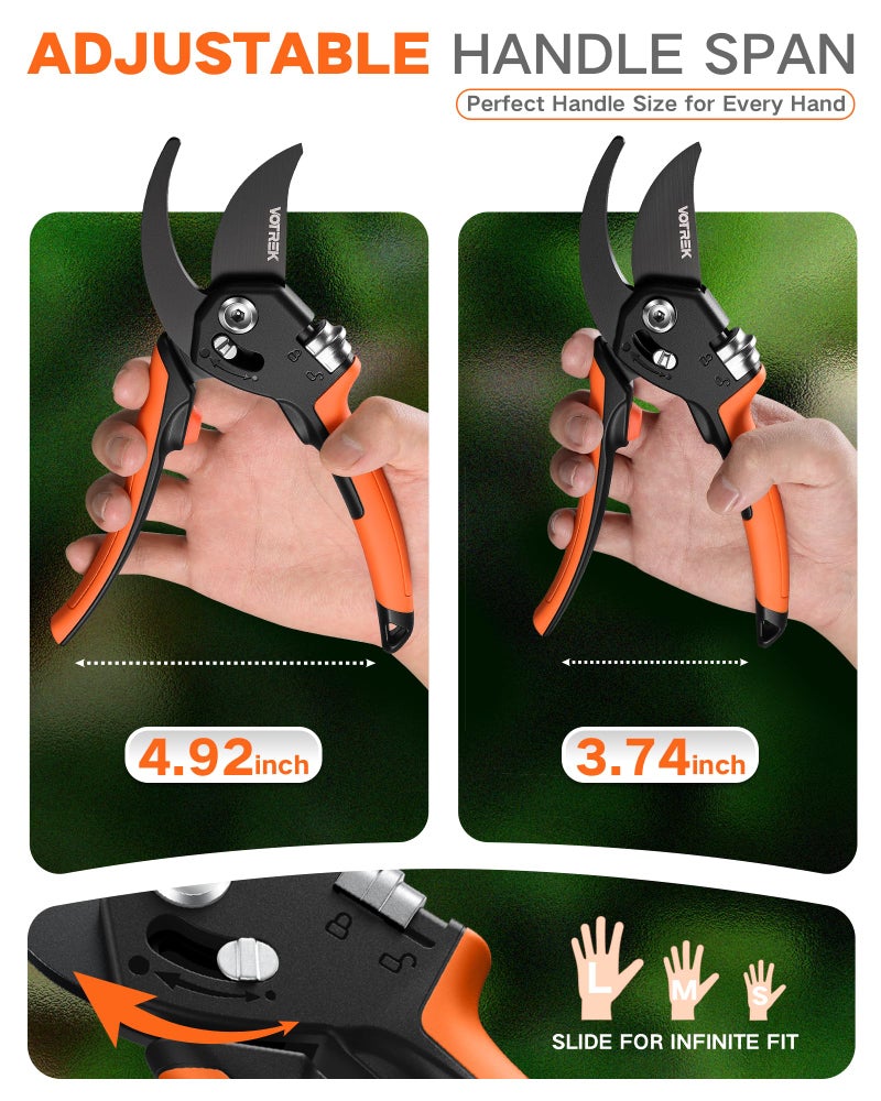 VOTREK 8.5" Pruning Shears for Gardening, 【Unique Stepless Handle Opening】Professional Bypass Garden Clipper, Heavy Duty Plant Pruners for Branch 【SK5 Steel Blades】【All Hand Sizes】,Bright Orange - Image 3