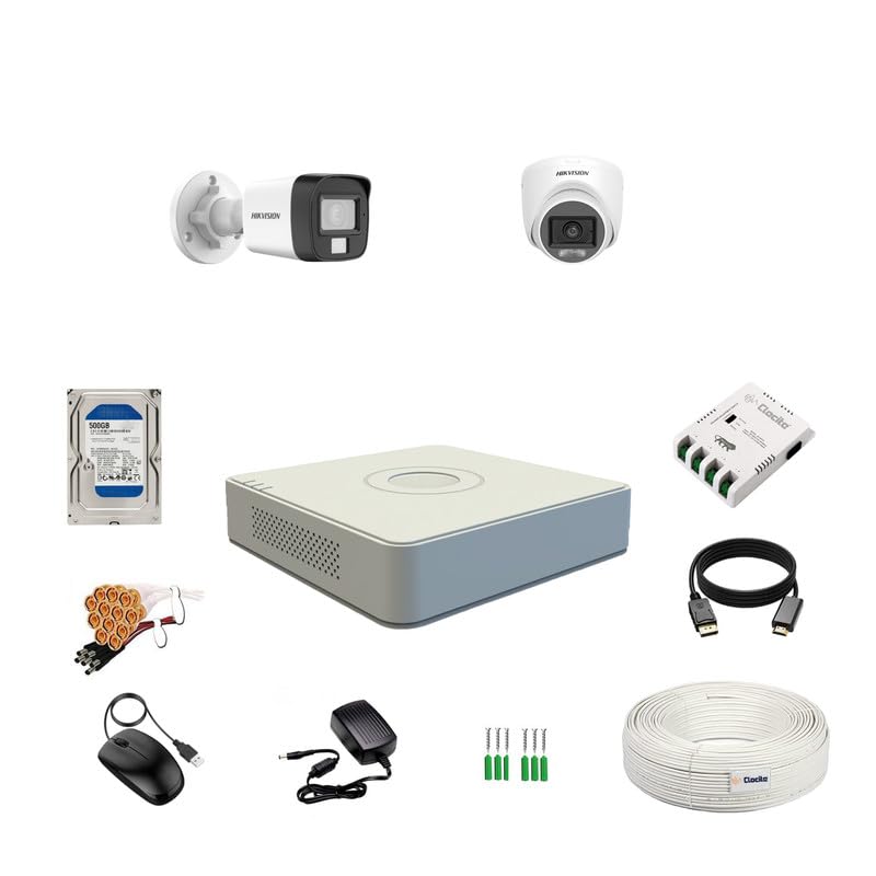 Clocite HIKVISION Full HD 4 Channel DVR, 2 MP 1 Dome & 1 Bullet Cameras [Color Night Vision + Built-in Audio MIC + Smart Dual Light + Motion Detection] + 500 GB HDD 4 CH SMPS + CCTV Cable + BNC & DC - Image 1