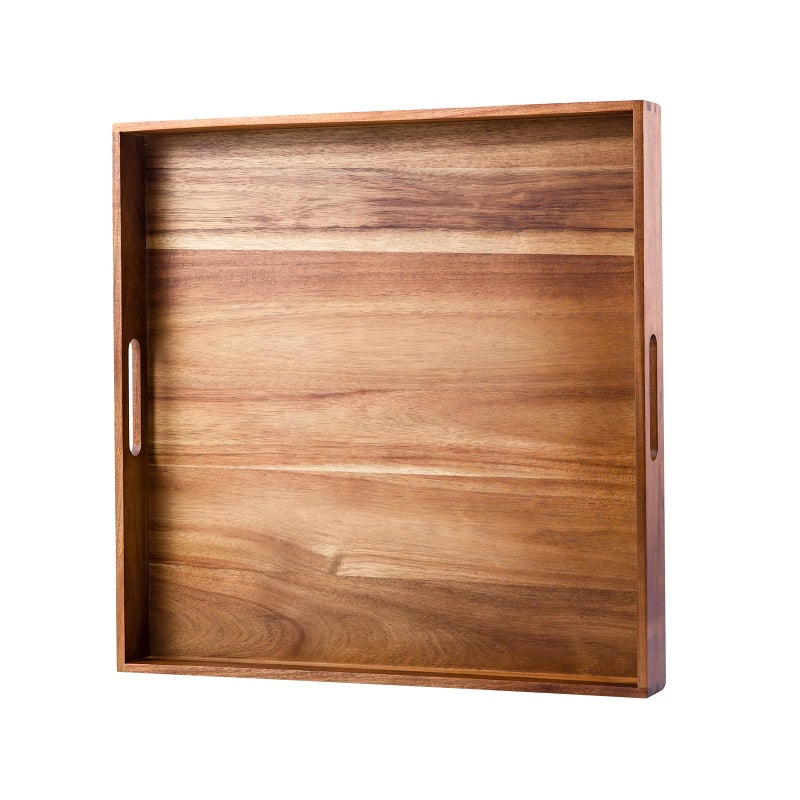 Serving Tray with Handles 20 Inch Large Square Ottoman Tray Acacia Wood Decorative Tray for Living Room Ottoman Coffee Table Kitchen Appetizers Breakfast Patio Party