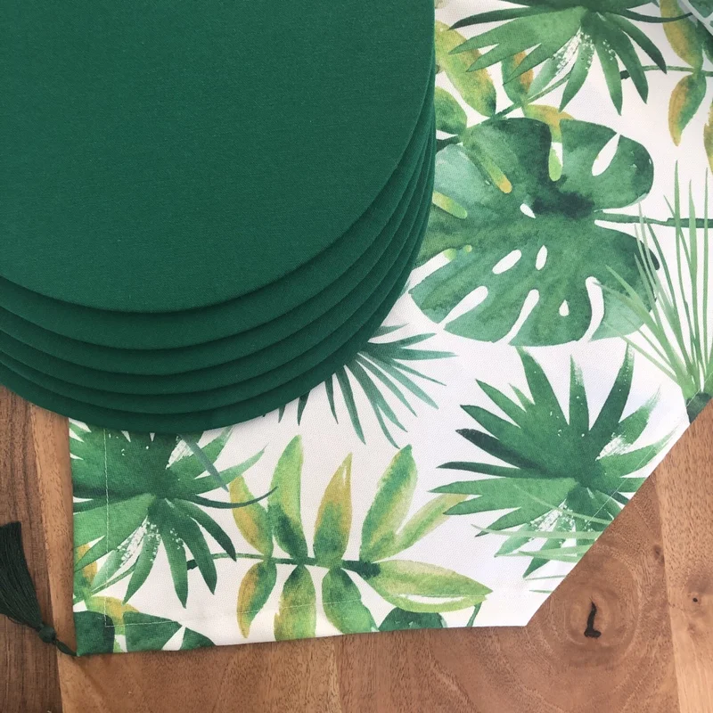 Desenİzmir Desizmir American Placemat Green Leaf Pattern Set 6 Charger Plate and Runner Cover Combination 1