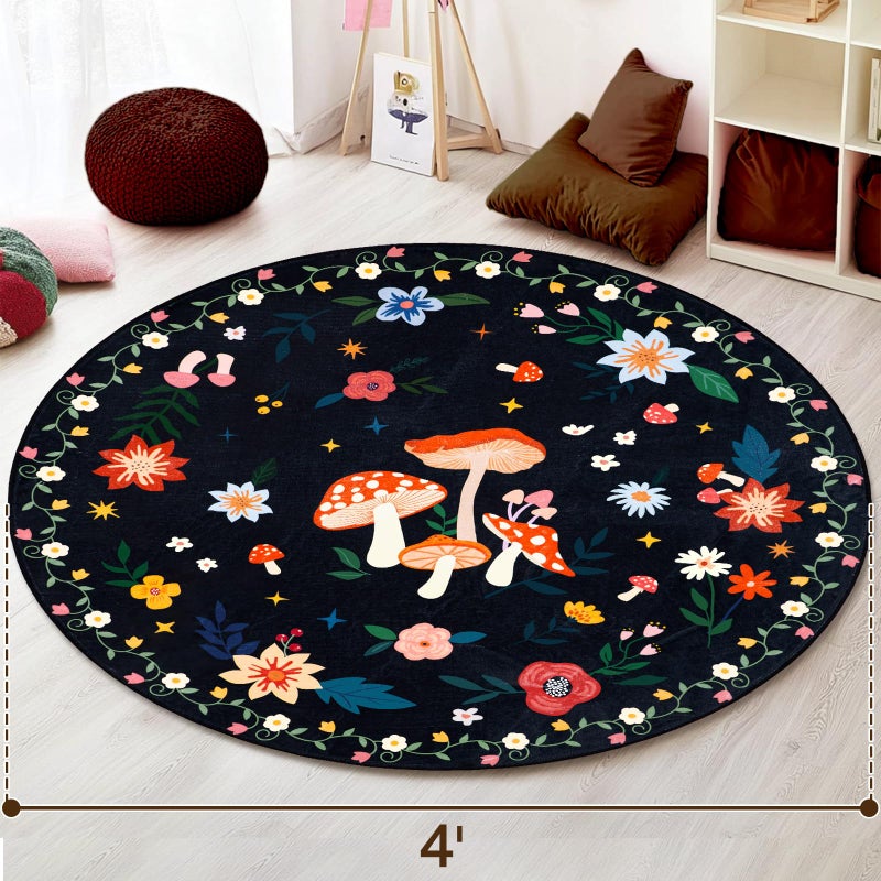 Acetiamin 4' Machine Washable Round Area Rug, Non-Slip Vintage Floral Circle Floor Rugs for Kids, Low Pile Room Carpet for Living Room, Bedroom, Dining Room & Nursery(4' Black Mushroom) - Image 2