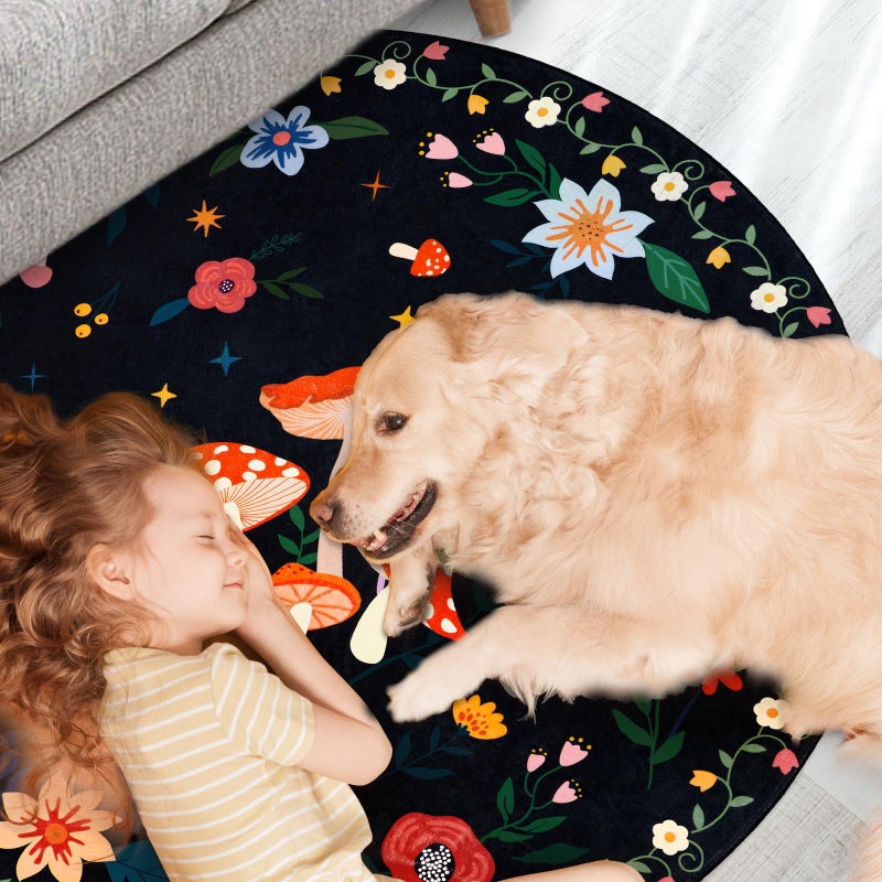 Acetiamin 4' Machine Washable Round Area Rug, Non-Slip Vintage Floral Circle Floor Rugs for Kids, Low Pile Room Carpet for Living Room, Bedroom, Dining Room & Nursery(4' Black Mushroom) - Image 3