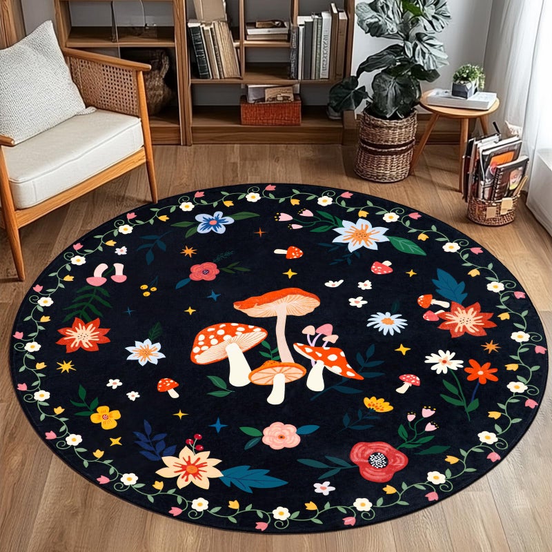 Acetiamin 4' Machine Washable Round Area Rug, Non-Slip Vintage Floral Circle Floor Rugs for Kids, Low Pile Room Carpet for Living Room, Bedroom, Dining Room & Nursery(4' Black Mushroom) - Image 1