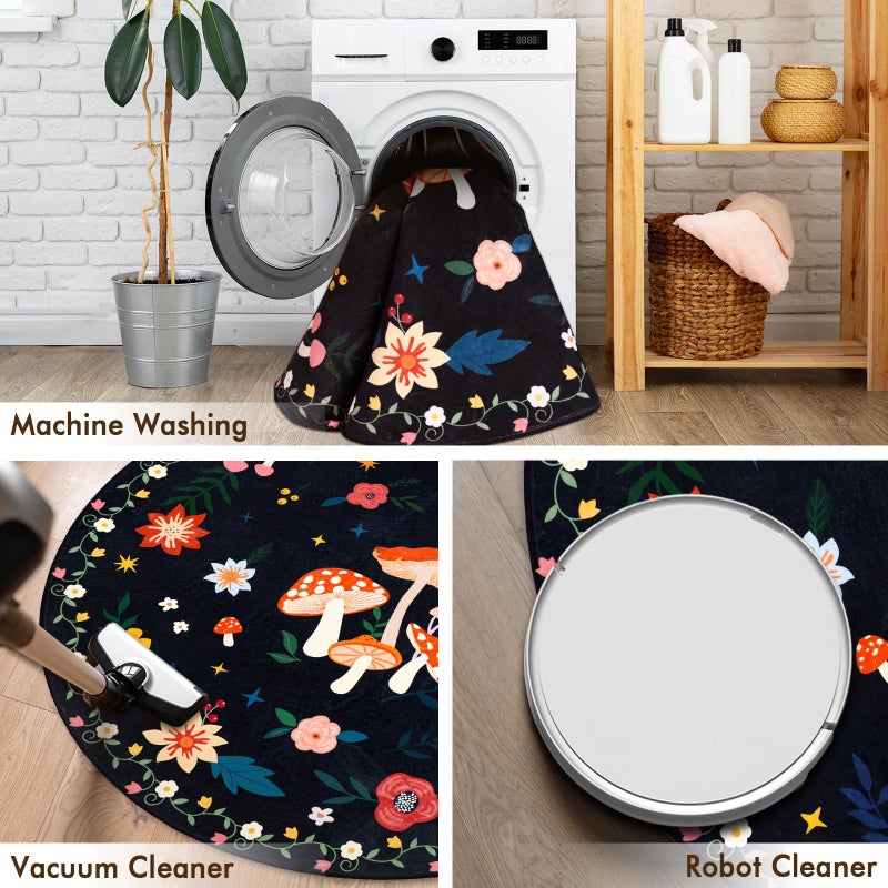 Acetiamin 4' Machine Washable Round Area Rug, Non-Slip Vintage Floral Circle Floor Rugs for Kids, Low Pile Room Carpet for Living Room, Bedroom, Dining Room & Nursery(4' Black Mushroom) - Image 5