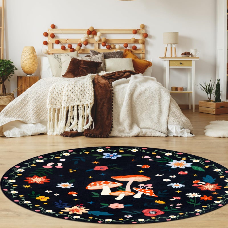 Acetiamin 4' Machine Washable Round Area Rug, Non-Slip Vintage Floral Circle Floor Rugs for Kids, Low Pile Room Carpet for Living Room, Bedroom, Dining Room & Nursery(4' Black Mushroom) - Image 4