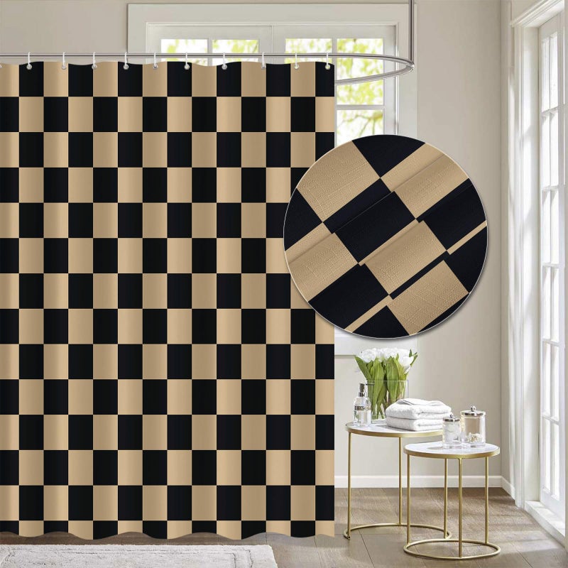 Tititex Aesthetic Checkerboard Grid Pattern 140gsm Faux Linen Fabric Shower Curtain  Black Brown Modern Shower Curtain Sets Decoration 71x71 Inch with Hooks - Image 1