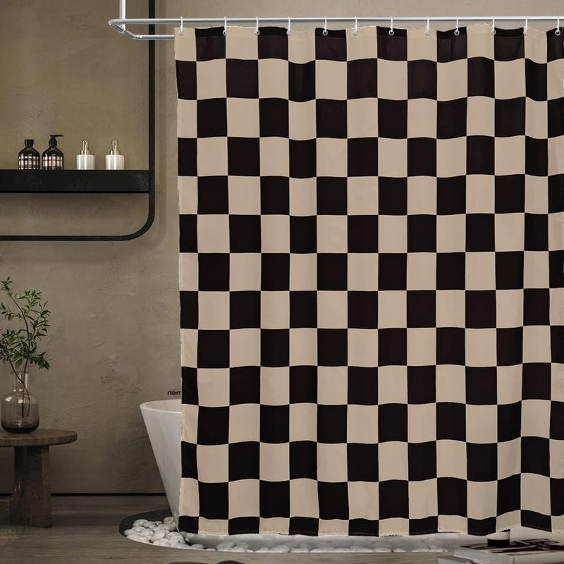 Tititex Aesthetic Checkerboard Grid Pattern 140gsm Faux Linen Fabric Shower Curtain  Black Brown Modern Shower Curtain Sets Decoration 71x71 Inch with Hooks - Image 3