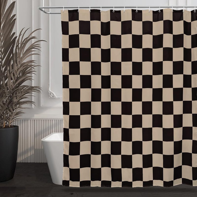 Tititex Aesthetic Checkerboard Grid Pattern 140gsm Faux Linen Fabric Shower Curtain  Black Brown Modern Shower Curtain Sets Decoration 71x71 Inch with Hooks - Image 2